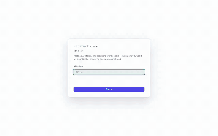 The marstack-access console signing in with a token and walking targets, policies, sessions, requests and the audit trail