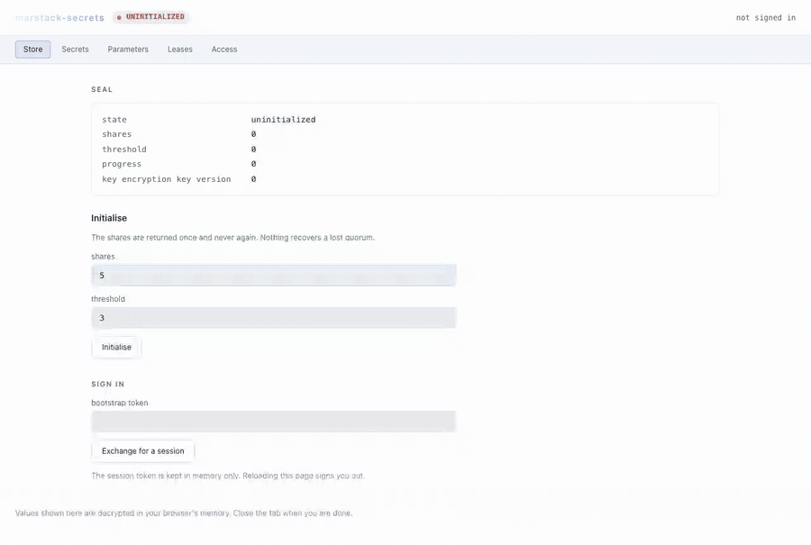 The marstack-secrets console initialising a store, showing the five shares, coming back sealed after a restart, and being unsealed one share at a time